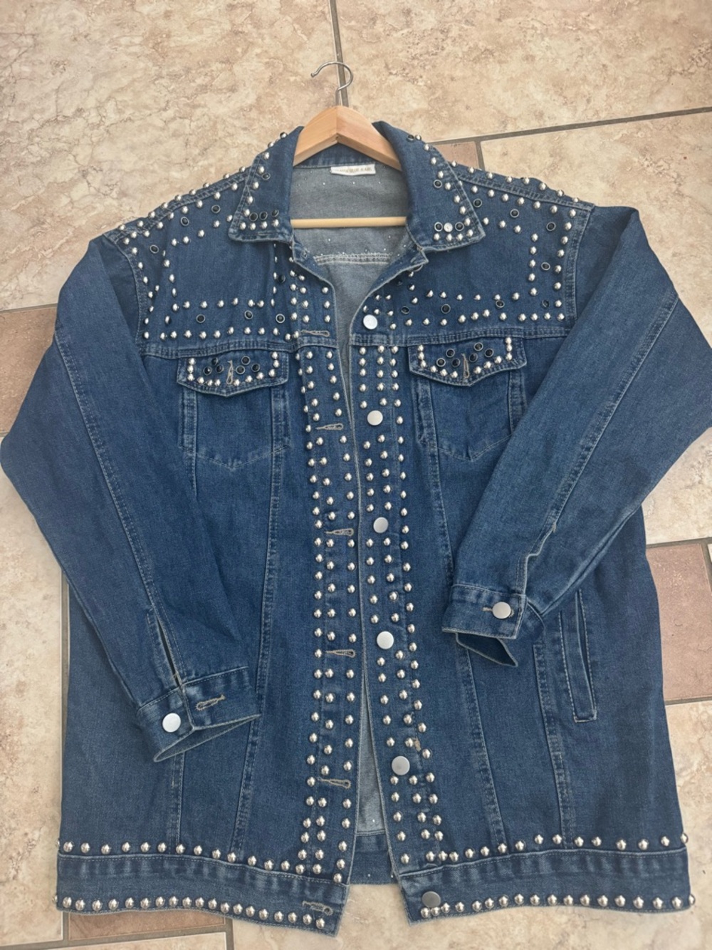 American Vintage Dark Blue Denim Jacket with Silver Studs. Back embroidered.